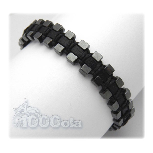 Bracelet noir Homme/Men's Cuir VÉRITABLE Perles Hématite cube 3mm
