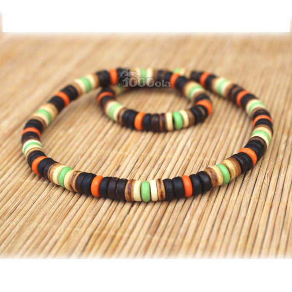 Necklace style surfer / surf man / woman beads Natural stone howlite color orange green Wood Coconut / Coconut Ø 8mm P76