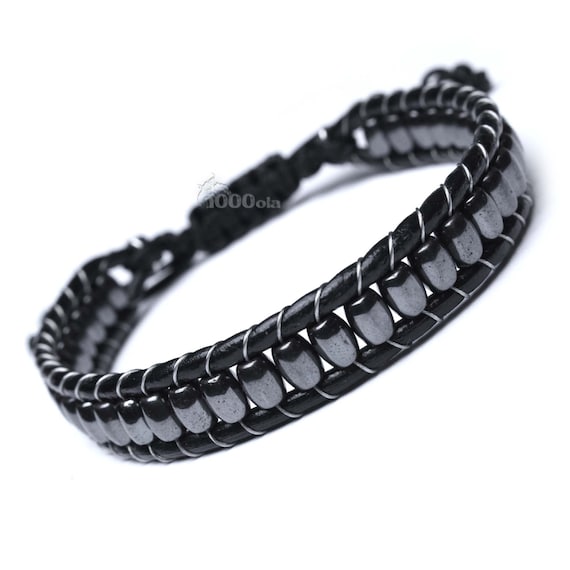 Men's/Men's black bracelet GENUINE black leather Oval beads Hematite natural stone 6x4mm P122