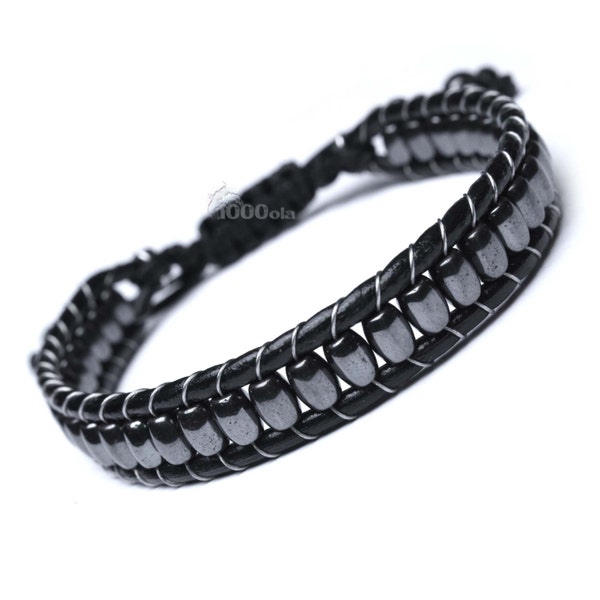 Bracelet noir Homme/Men's Cuir VÉRITABLE noir Perles Ovales pierre naturelle Hématite 6x4mm P122