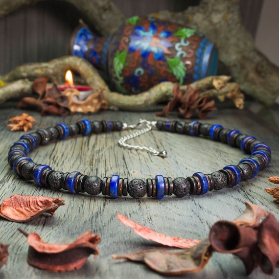 Beautiful Necklace Man pearls natural stones Lapis Lazuli Ø10mm, Volcanic Lava Wood Coconut / Coconut Ø8mm Handmade Creation 1000ola