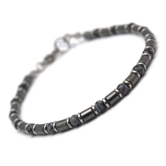 New BRACELET Homme/Femme Perles 4mm pierre naturelles obsidienne noir/gris hématite anneaux fermoir mousqueton Métal inoxydable/inox P90