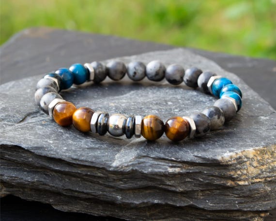 FR - Dare to be elegant! Exclusive French creation: Men's Tiger's Eye Bracelet in Turquoise, Larvikite, Stainless Steel, Natural Stones, 8 mm