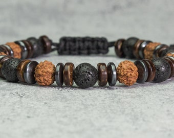 Bracelet Homme style Tibétaine perles 8mm pierres Lave Volcanique noir Hématite Bois graines Rudraksha Cocotier/coco Made in France 1000ola