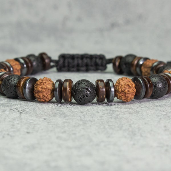 Bracelet Men's Tibetan style beads 8mm stones Volcanic lava black Hematite Wood seeds Rudraksha Cocotier/coco Made in France 1000ola
