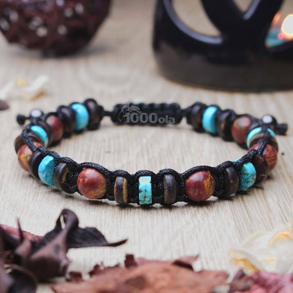 Bracelet man / men's beads 8mm stone Jaspe Picasso Turquoise stabilized Wood Coconut / Coconut hematite Made in France