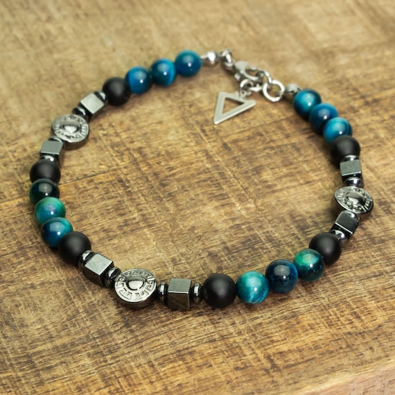 EXCLUSIF | Bracelet énergétique style Tibétain Homme Femme Perles 6mm Œil de Tigre turquoise Agate Hématite Acier inoxydable couleur argent