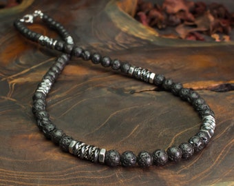 Men's necklace beads 6mm volcanic lava stone (Vesuvianite) black Hematite washers hexagon stainless steel washer Tibetan style 1000ola