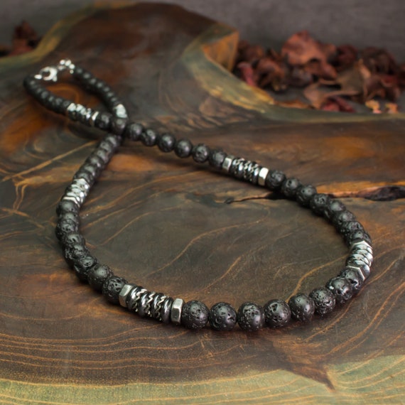 Men's necklace beads 6mm Volcanic Lava stone (Vesuvianite) black Hematite washers hexagon stainless steel washer Tibetan style 1000ola