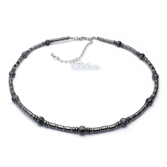 Magnifique Bijoux Haut de Gamme Collier Homme en pierre naturelle Obsidienne noir/gris  6mm hématite 4mm métal acier inoxydable