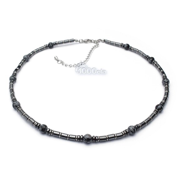 Beautiful High-End Jewelry Men's Necklace in Natural Stone Obsidian Black/Gray 6mm Hematite 4mm Metal Stainless Steel