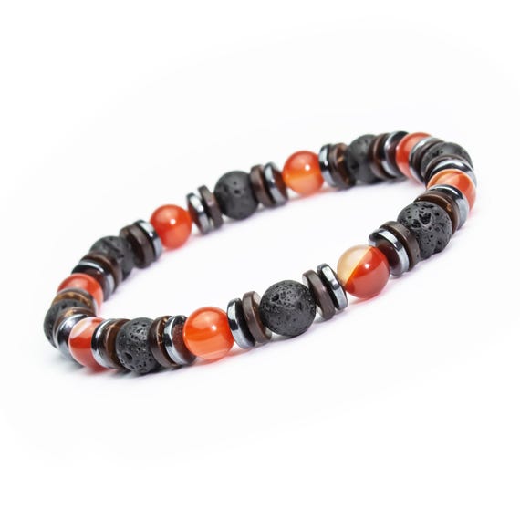 New! Men's/Women's elastic bracelet 8mm beads gemstones Red Agate Volcanic Lava Hematite coconut wood Made in France