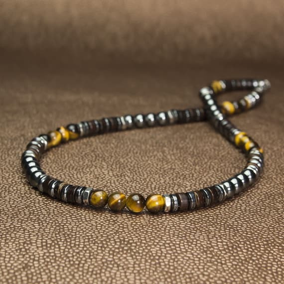 Necklace man / men's Beads Ø 6mm natural stone Tiger eye hematite wood coconut rings hexagon Stainless steel Made in France 1000ola