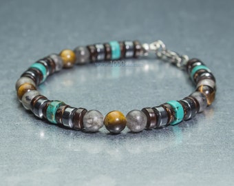 New BRACELET Homme/Femme Perles 6mm Pierres naturelles Œil Tigre Turquoise Larvikite Labradorite Hématite Bois coco fermoir inox 1000ola