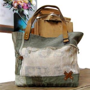 Cabas femme toiles vintages, sac femme toile et cuir, sac femme toile La Poste, fourre-tout femme toile militaire kaki, sac Pleasant Home