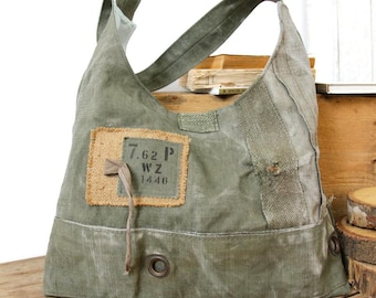 Damen-Umhängetasche aus Militär-Canvas, Umhängetasche aus Militär-Canvas, Damen-Einkaufstasche aus recyceltem Canvas, Damen-Einkaufstasche aus Vintage-Canvas