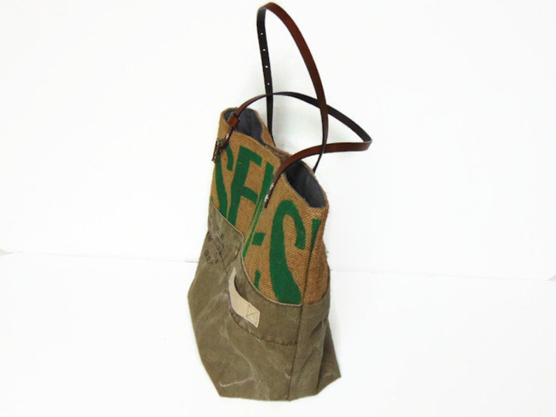 P Burlap and recycled military canvas tote bag vintage women cotton bag and jute H Storie by Pleasant Home