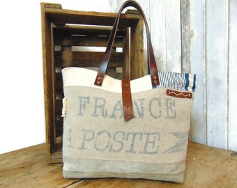 La Poste bag, women's canvas and leather tote bag, recycled canvas tote bag, eco-responsible women's tote bag