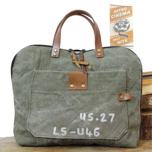 Sac porté main homme, sacoche ordinateur toile cuir, sac toile militaire recyclée, sac homme kaki militaire, sac travail toile cuir