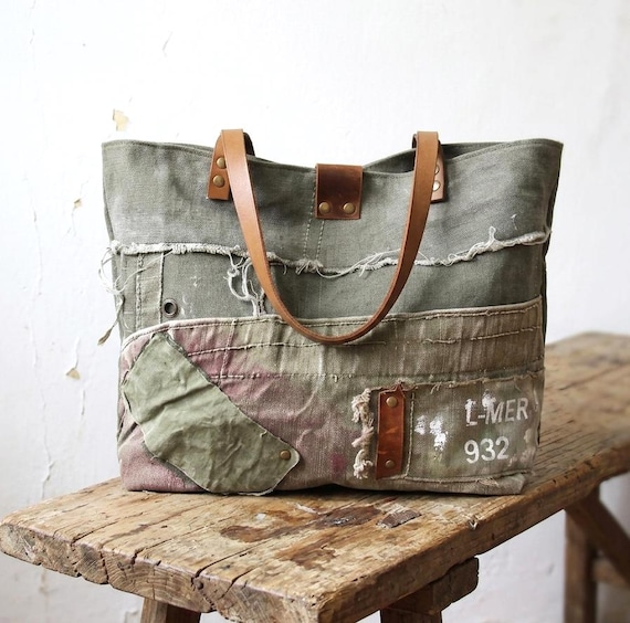 Military Canvas and Leather Tote Bag, Military Women's Tote Bag
