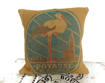 Coussin en toile de jute ancienne, décoration maison en toile de jute, décoration industrielle en toile de jute