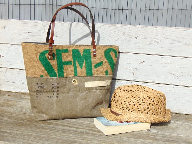 P Burlap and recycled military canvas tote bag vintage women cotton bag and jute H Storie by Pleasant Home