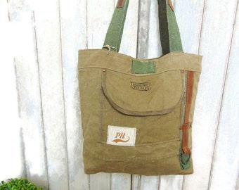 Canvas and leather tote bag for women, recycled military canvas bag, zero waste women's bag by Pleasant Home