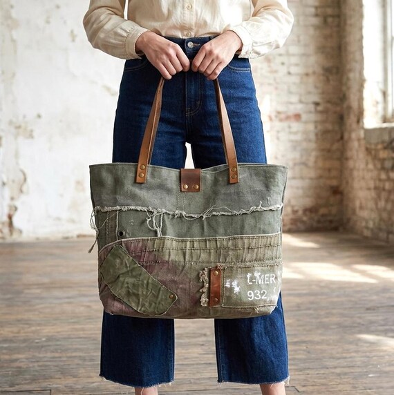 Military Canvas and Leather Tote Bag, Military Women's Tote Bag