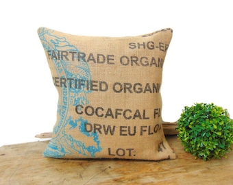 Coffee burlap cushion, industrial style cushion, recycled jute square cushion, coffee burlap home decor