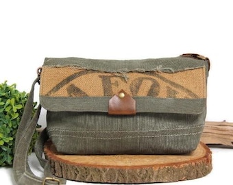 Umhängetasche aus Canvas und Leder für Damen, Jute-Canvas-Tasche, Khaki-Militär-Canvas-Tasche für Damen, Umhängetasche aus recyceltem Canvas
