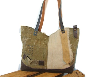 Militärische Canvas- und Ledertasche für Damen, recycelte Damen-Canvas-Tasche, Weihnachtsgeschenk für Damen