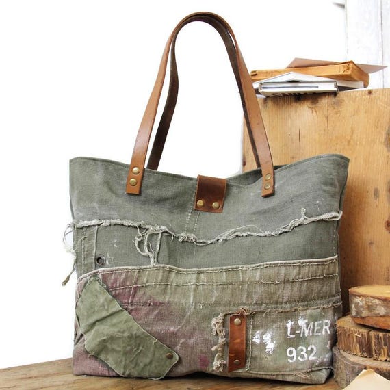 Military Canvas and Leather Tote Bag, Military Women's Tote Bag
