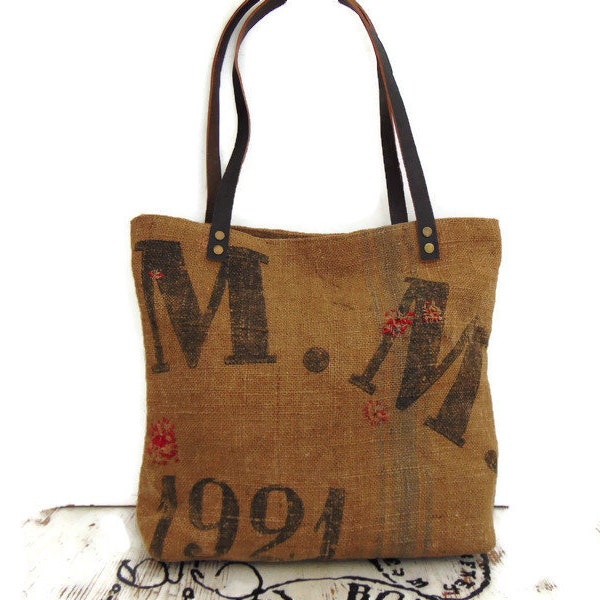 Old recycled burlap and leather bag by Pleasant Home, Vintage canvas and leather women's bag