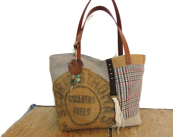 Jute bag, recycled antique fabric shopping bag, canvas and leather tote bag by Pleasant Home