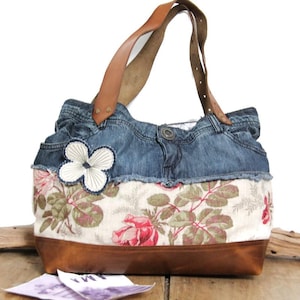 Cabas femme toile fleuri cuir, sac fourre-tout femme lin, sac femme jeans recyclés, sac femme fleuri, sac femme en toiles vintages et cuir