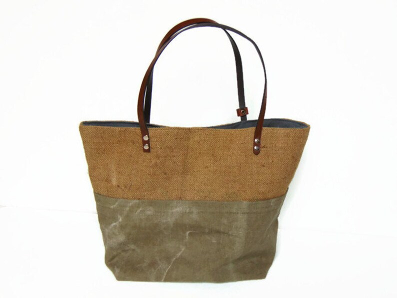 P Burlap and recycled military canvas tote bag vintage women cotton bag and jute H Storie by Pleasant Home