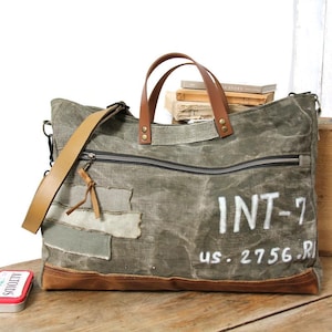 Herren-Einkaufstasche aus Militär-Canvas, Herrentasche aus recyceltem Canvas und Leder, Herren-Umhängetasche, Herren-Handtasche, Militär-Canvas-Tasche