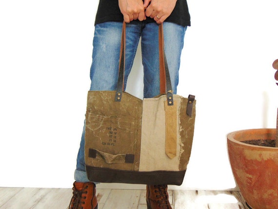 Bolso militar de lona y piel para mujer bolso de lona reciclada para mujer regalo de Navidad para mujer Etsy Espana