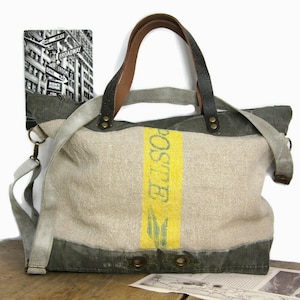Sac fourre-tout toile et cuir, sac week-end en toiles vintages, sac femme toile La Poste, sac femme kaki militaire