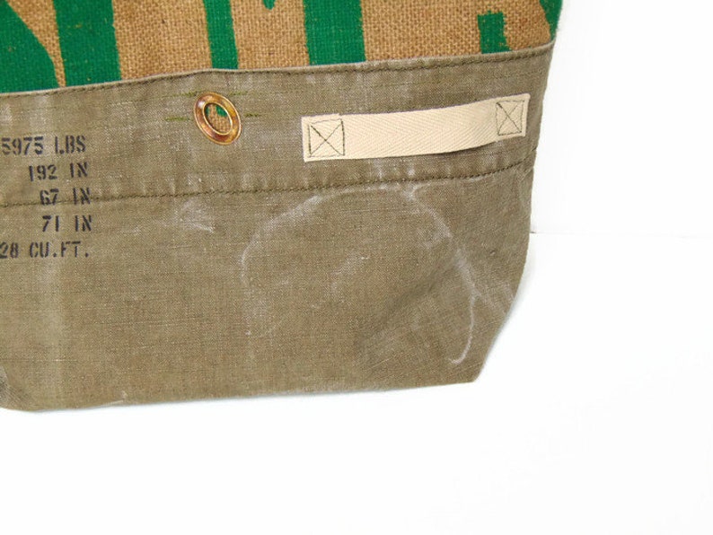 P Burlap and recycled military canvas tote bag vintage women cotton bag and jute H Storie by Pleasant Home