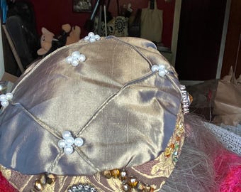 Hand-Beaded Tapestry Pillbox Hat: Swarovski Crystals & Faux Pearls