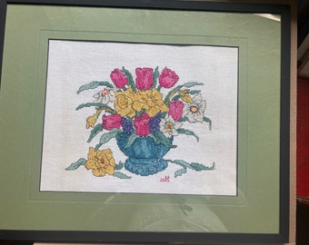 Framed Flower Bowl Crossstitch