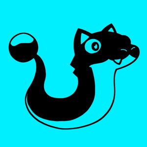 May include: A black and white cartoon illustration of a creature with a long, curved body and a round tail. The creature has a cat-like face with large eyes and a smiling mouth. The image is set against a light blue background with a white border.