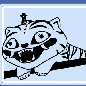 May include: A cartoon illustration of a tiger with black stripes and a friendly expression. The tiger is lying down on a black surface, with a small figure on its head. The image has a light blue background.