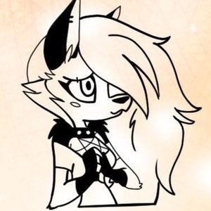 May include: Black and white cartoon illustration of a character with large ears, long hair, and a stern expression. The character is wearing a collar with a studded design and a detailed top. The background is a light peach color with small white stars.