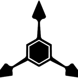 May include: A black graphic symbol featuring a central hexagon with a white outline. Three symmetrical arms extend from the hexagon, each ending in a solid black triangular arrowhead pointing outward. The design is flat, high-contrast, and geometric.