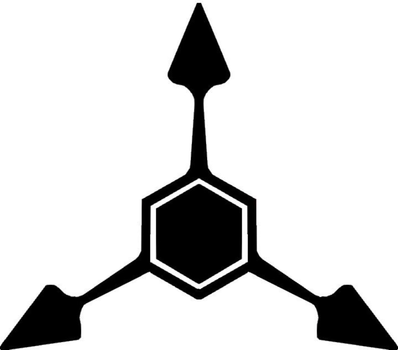 May include: A black graphic symbol featuring a central hexagon with a white outline. Three symmetrical arms extend from the hexagon, each ending in a solid black triangular arrowhead pointing outward. The design is flat, high-contrast, and geometric.