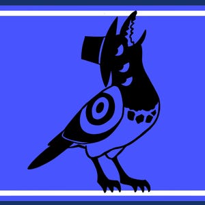 May include: A stylized black bird illustration with a top hat and three eyes, set against a blue background within a white-bordered square. The bird has a detailed wing pattern and clawed feet.
