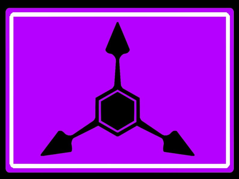 May include: A rectangular graphic design featuring a vibrant purple background enclosed by a thick white border and a thin black outer frame. Centered is a black hexagonal shape with three symmetrical arrow-like points extending outward.