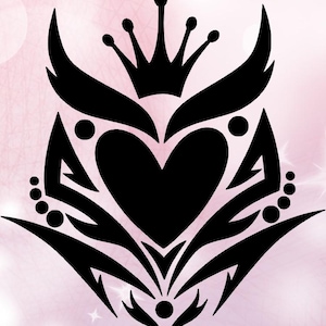 May include: Black and white tribal design with a heart and a crown. The design is intricate and detailed, with a variety of shapes and patterns.